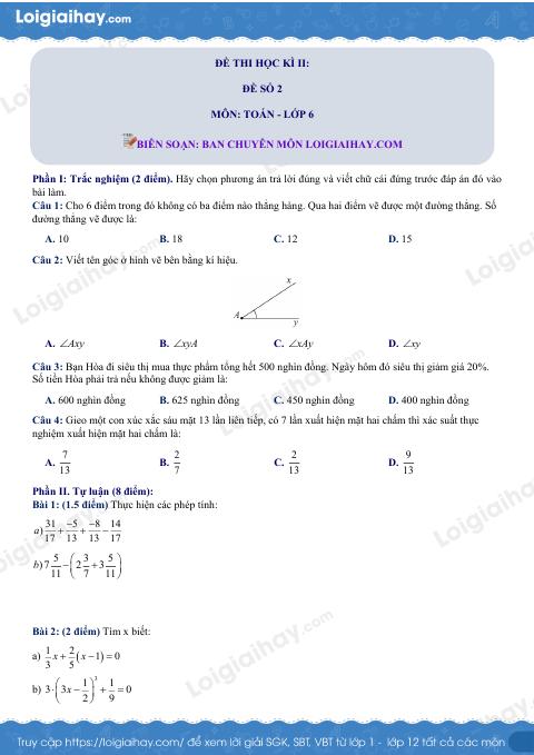 Đề thi học kì 2 Toán 6 - Đề số 2 - Cánh diều